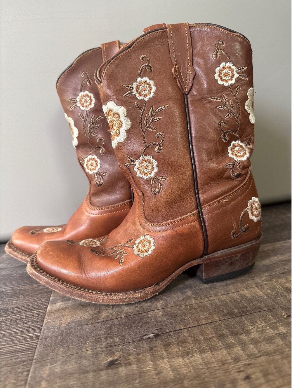 Tanner Brown Leather Cowboy Boots with Floral Embroidery